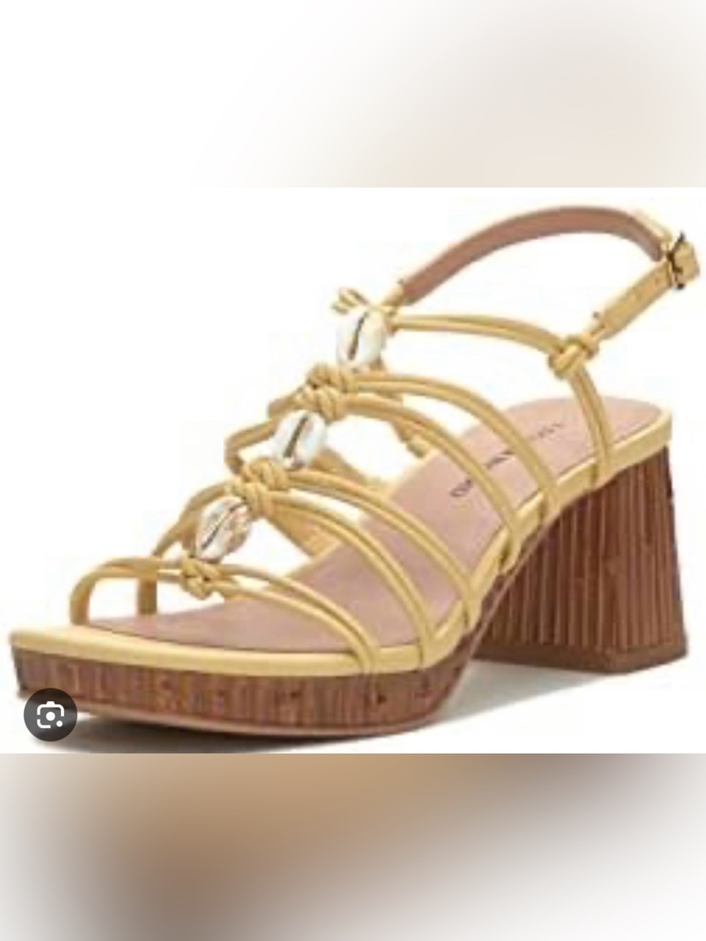 Lucky Brand Bassie Meringue Yellow Block Heel Sandals Shell Accents size 8-NWT